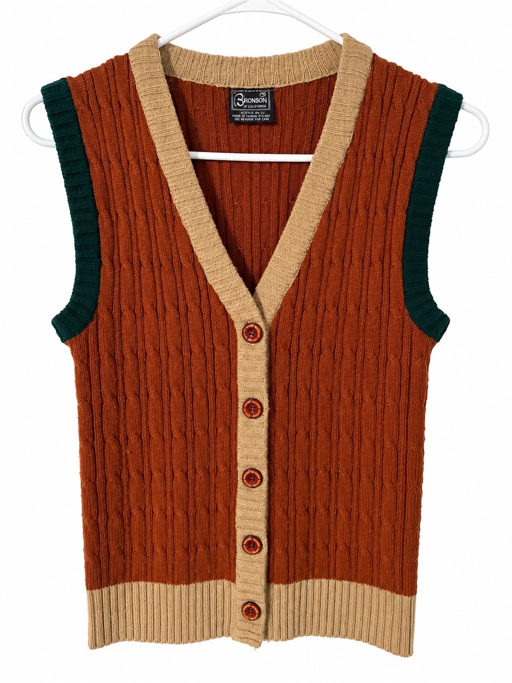 Vintage Cable Knit Button-Front Vest in Rust & Tan with Forest Trim women’s med